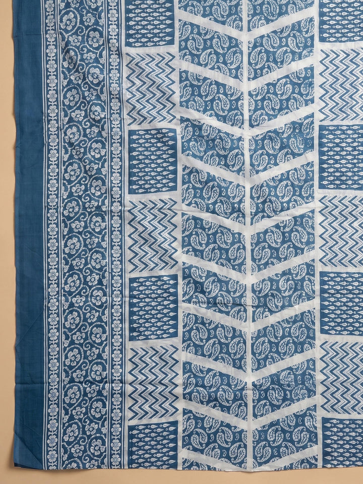 Blue Printed Cotton Blend Unstitched Suit &amp; Pant With Cotton Dupatta
