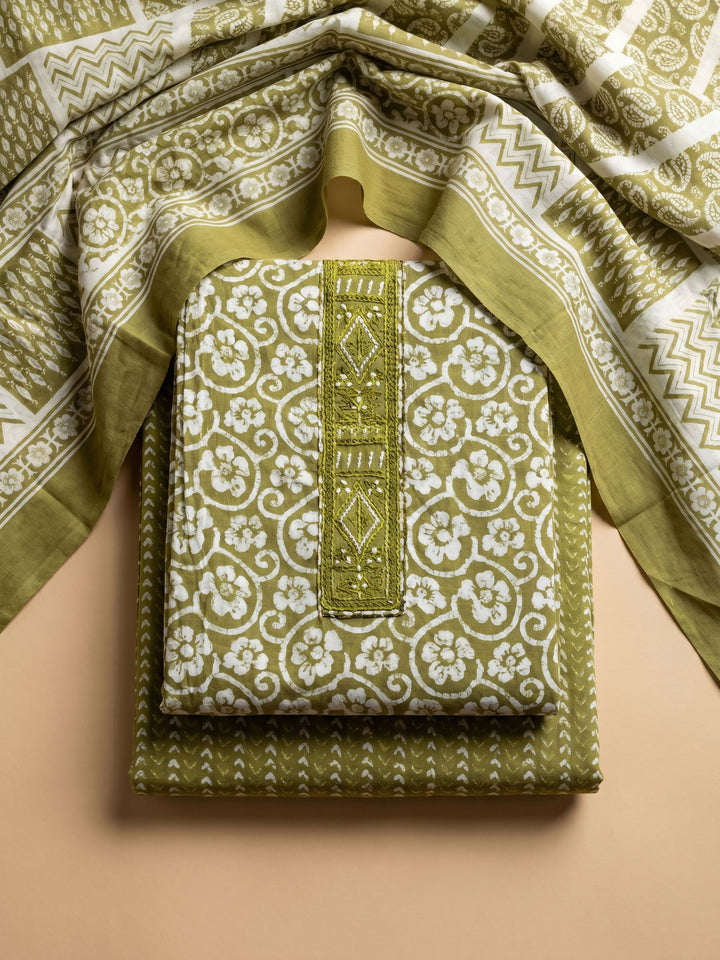 Mehndi Printed Cotton Blend Unstitched Suit &amp; Pant With Cotton Dupatta