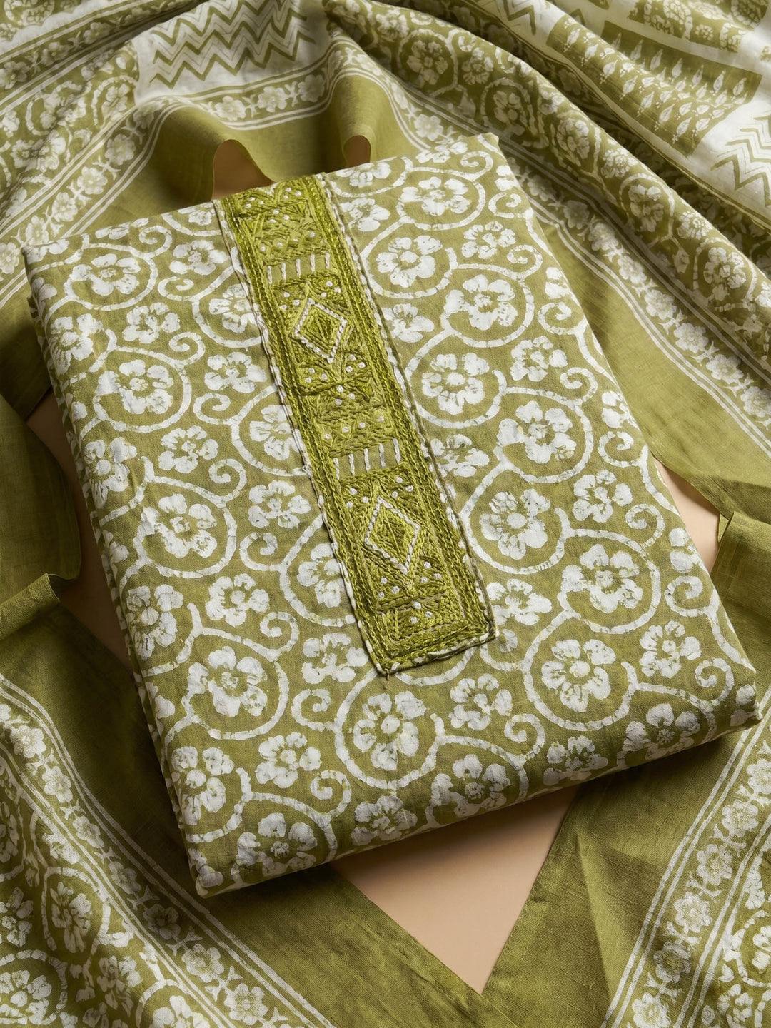 Mehndi Printed Cotton Blend Unstitched Suit &amp; Pant With Cotton Dupatta