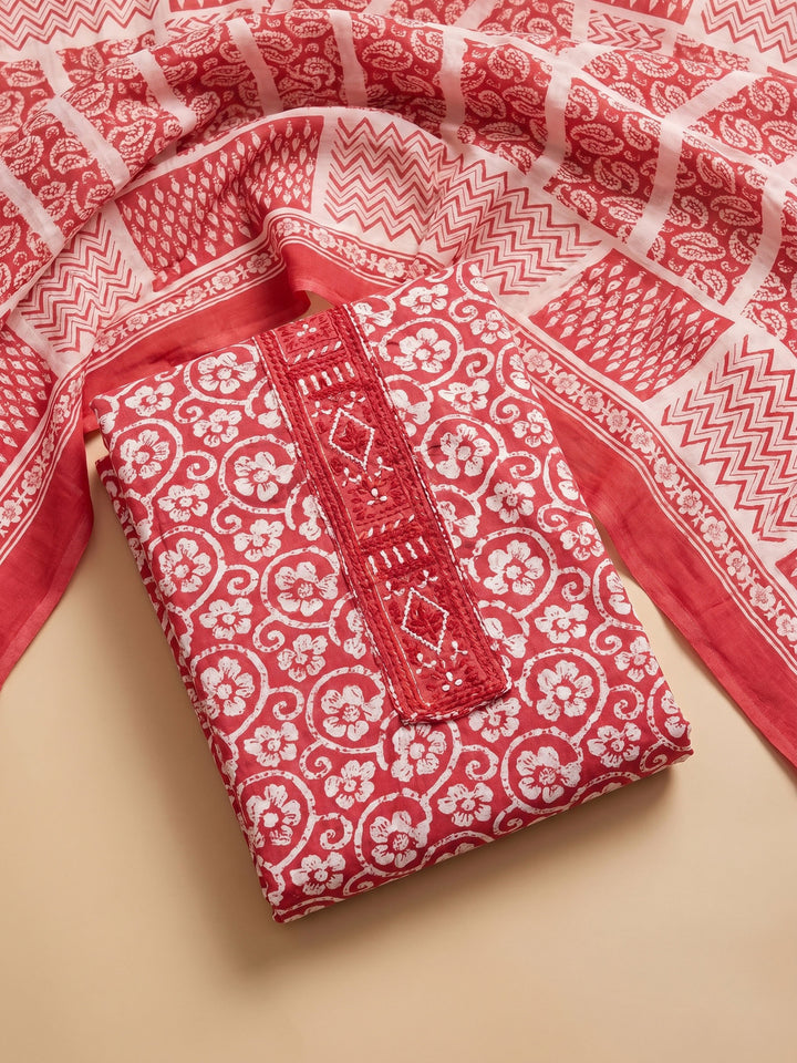 Peach Printed Cotton Blend Unstitched Suit &amp; Pant With Cotton Dupatta