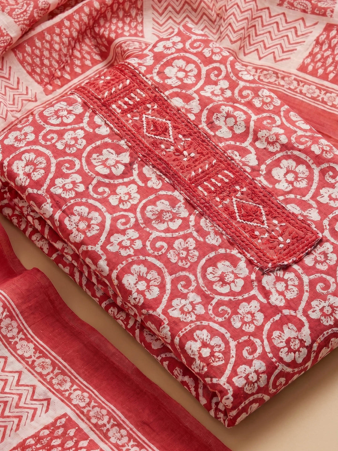 Peach Printed Cotton Blend Unstitched Suit &amp; Pant With Cotton Dupatta