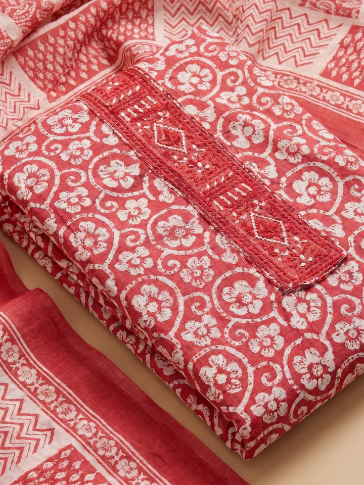 Peach Printed Cotton Blend Unstitched Suit &amp; Pant With Cotton Dupatta