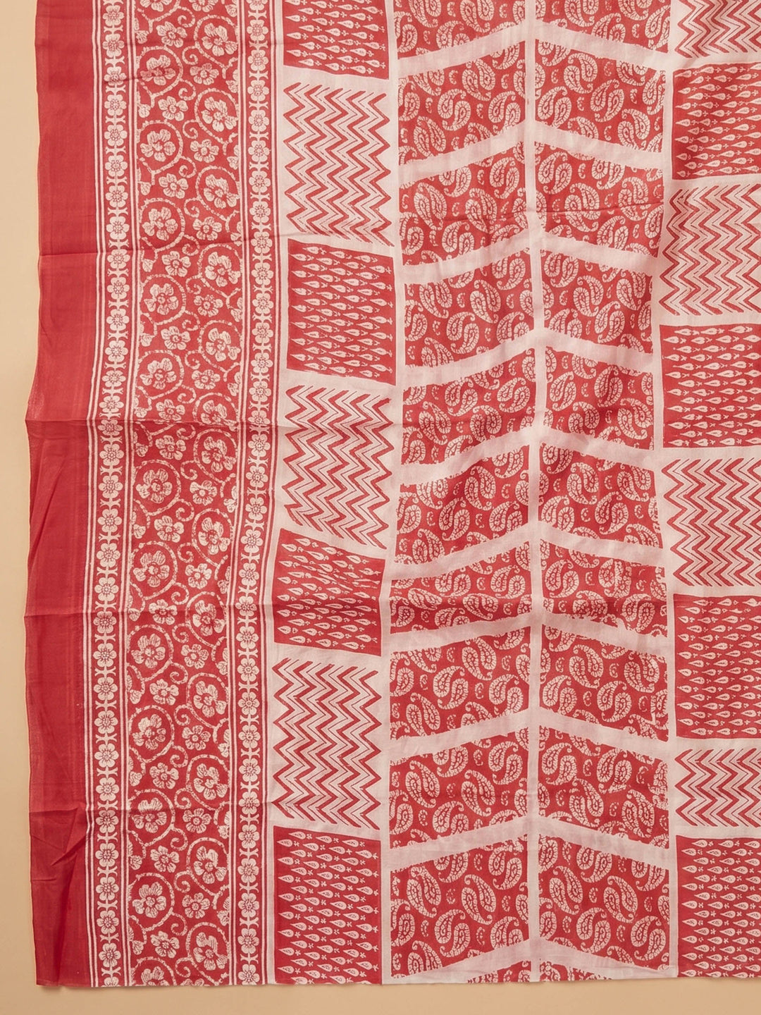 Peach Printed Cotton Blend Unstitched Suit &amp; Pant With Cotton Dupatta