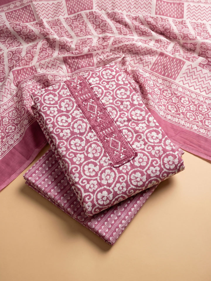 Pink Printed Cotton Blend Unstitched Suit &amp; Pant With Cotton Dupatta