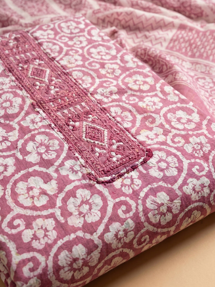 Pink Printed Cotton Blend Unstitched Suit &amp; Pant With Cotton Dupatta