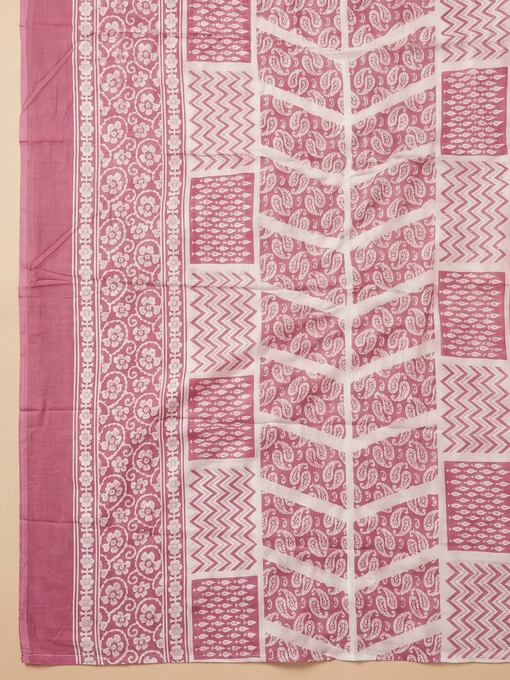 Pink Printed Cotton Blend Unstitched Suit &amp; Pant With Cotton Dupatta