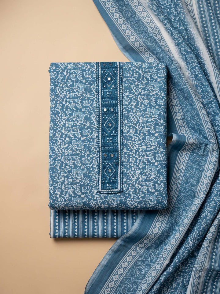 Blue Printed Cotton Blend Unstitched Suit &amp; Pant With Cotton Dupatta