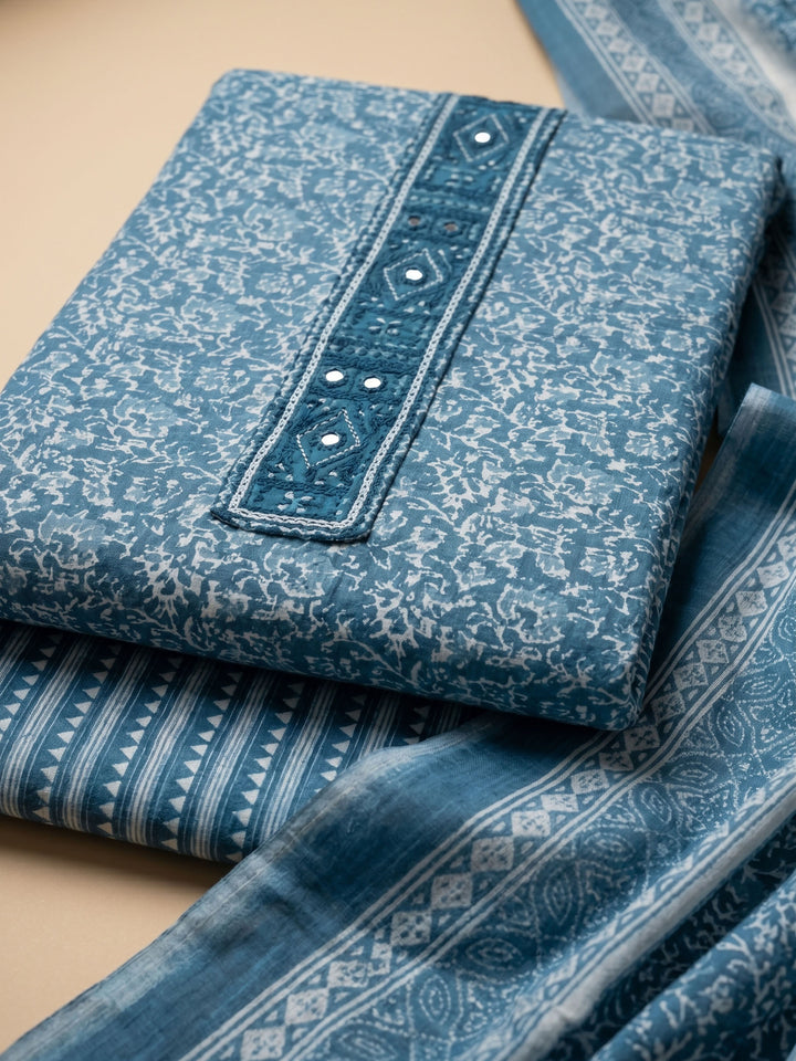 Blue Printed Cotton Blend Unstitched Suit &amp; Pant With Cotton Dupatta