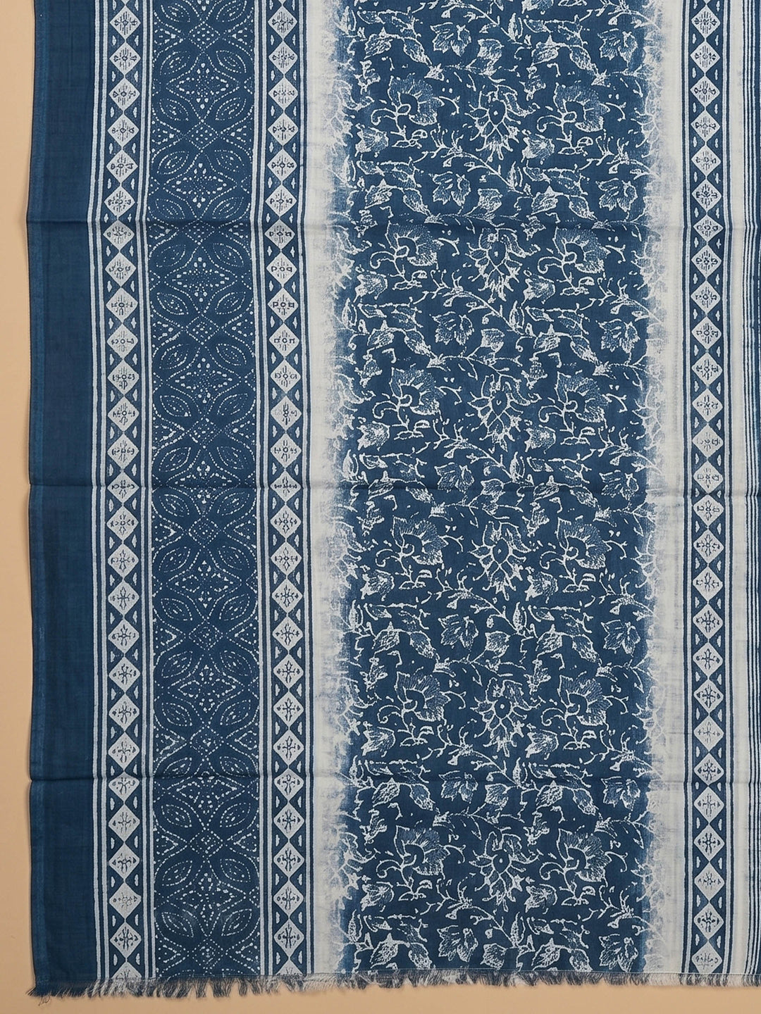 Blue Printed Cotton Blend Unstitched Suit &amp; Pant With Cotton Dupatta
