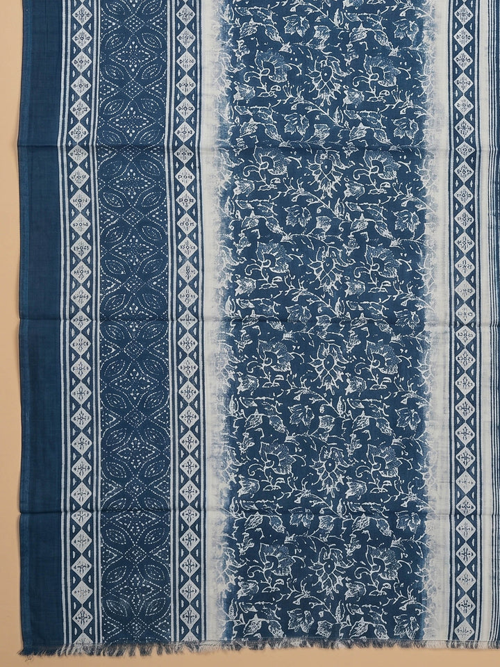 Blue Printed Cotton Blend Unstitched Suit &amp; Pant With Cotton Dupatta