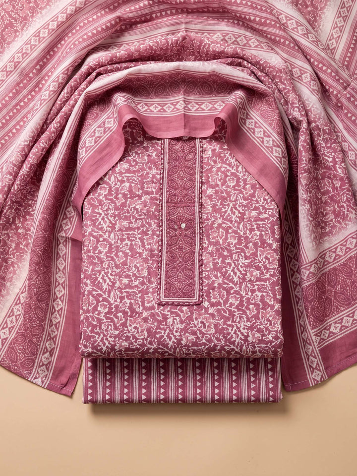 Dull Pink Printed Cotton Blend Unstitched Suit &amp; Pant With Cotton Dupatta