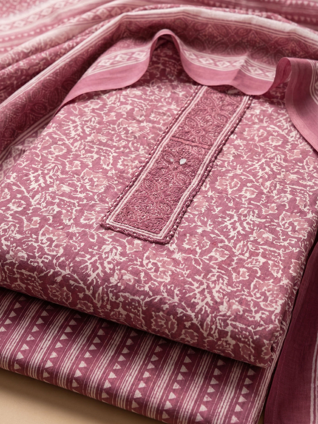 Dull Pink Printed Cotton Blend Unstitched Suit &amp; Pant With Cotton Dupatta