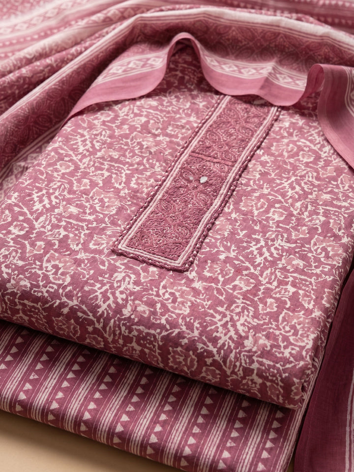 Dull Pink Printed Cotton Blend Unstitched Suit &amp; Pant With Cotton Dupatta