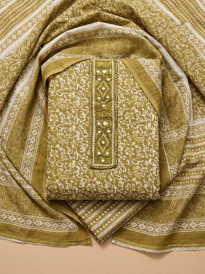Mehndi Printed Cotton Blend Unstitched Suit &amp; Pant With Cotton Dupatta