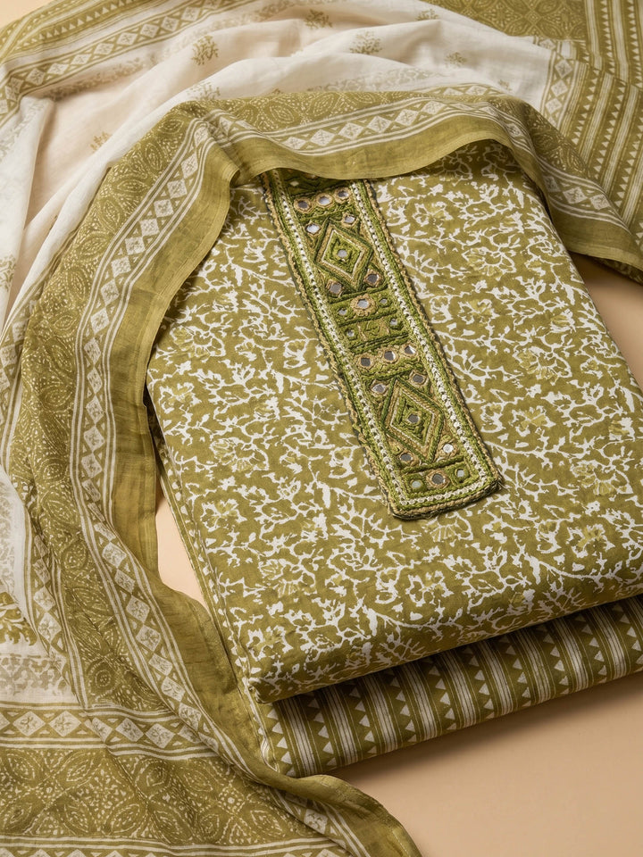 Mehndi Printed Cotton Blend Unstitched Suit &amp; Pant With Cotton Dupatta