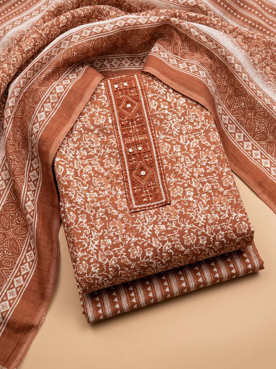 Rust Printed Cotton Blend Unstitched Suit &amp; Pant With Cotton Dupatta