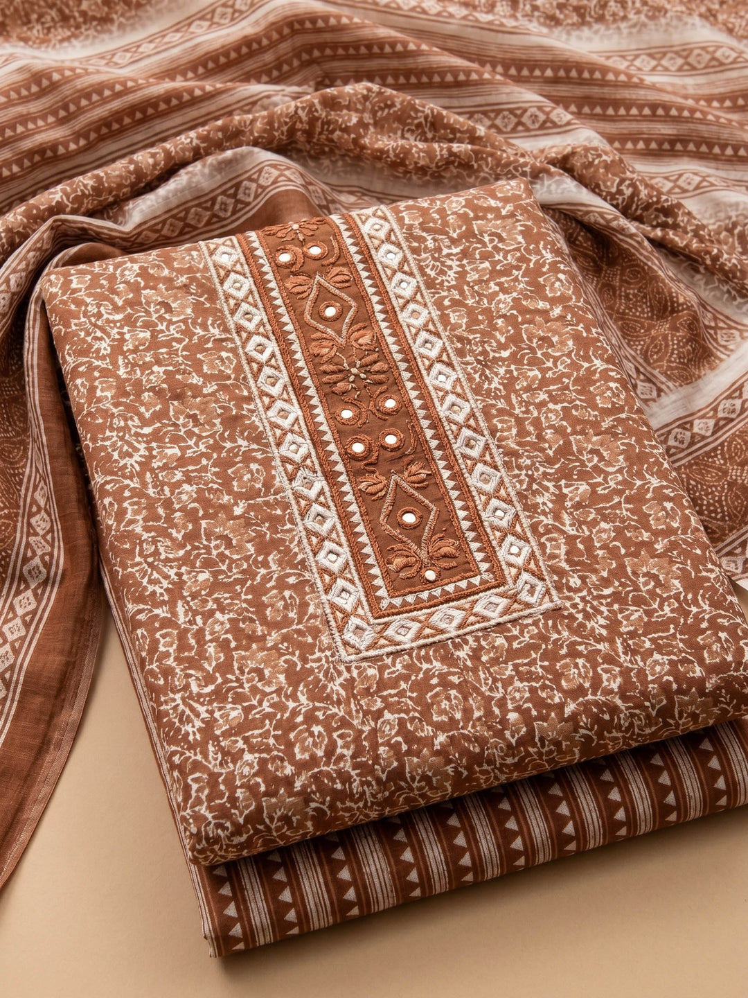 Rust Printed Cotton Blend Unstitched Suit &amp; Pant With Cotton Dupatta