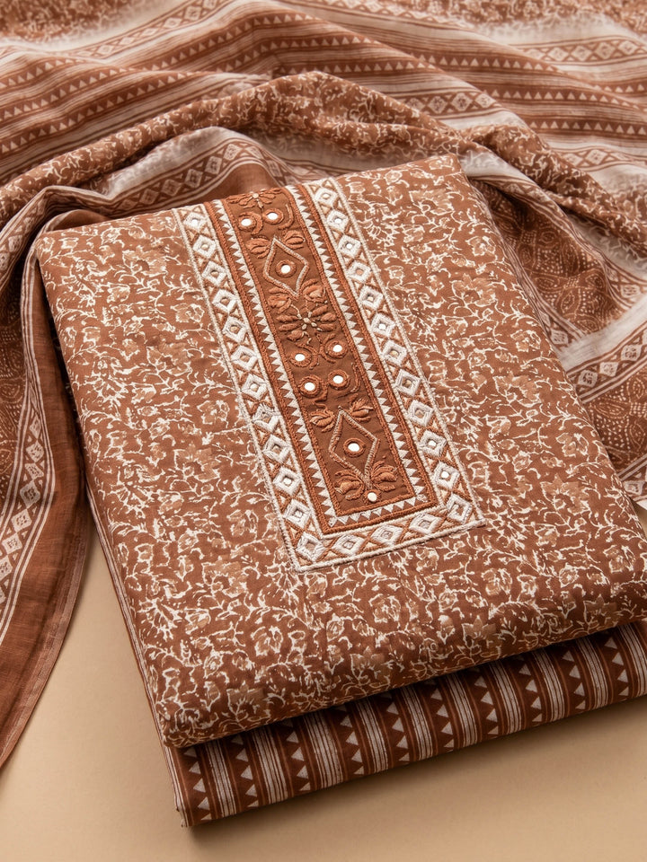 Rust Printed Cotton Blend Unstitched Suit &amp; Pant With Cotton Dupatta