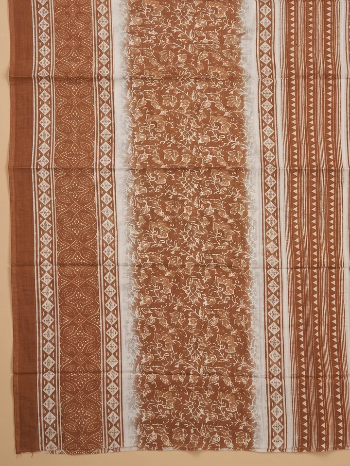 Rust Printed Cotton Blend Unstitched Suit &amp; Pant With Cotton Dupatta