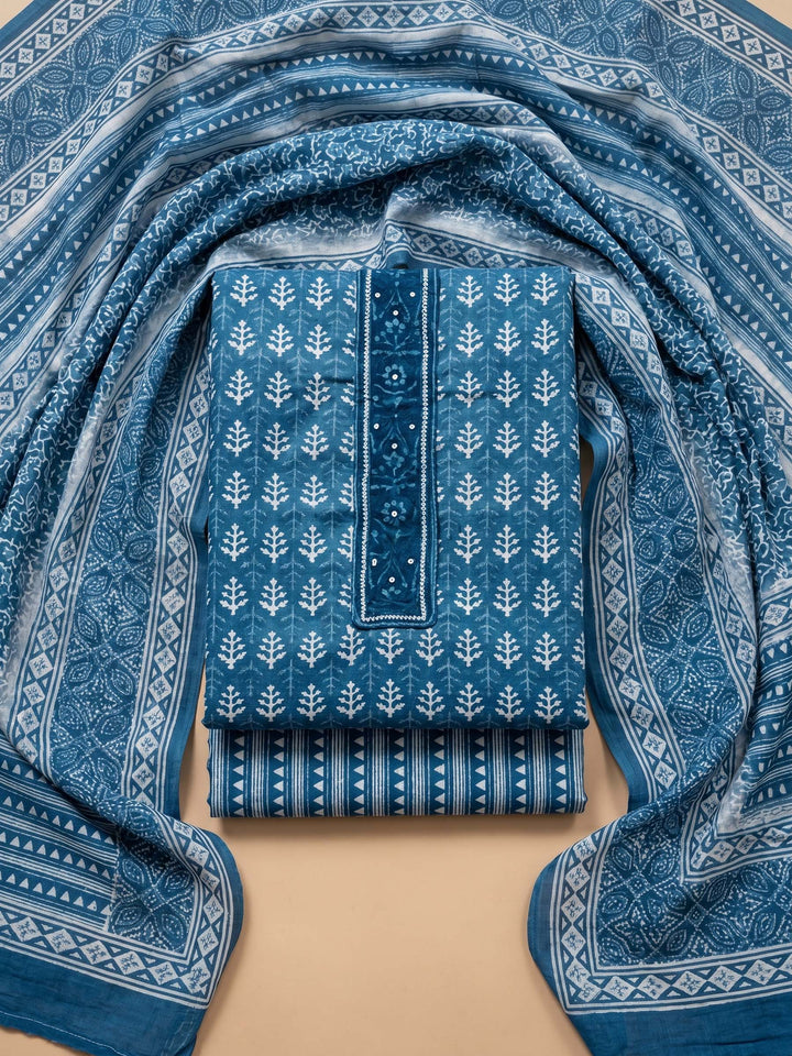 Blue Printed Cotton Blend Unstitched Suit &amp; Pant With Cotton Dupatta