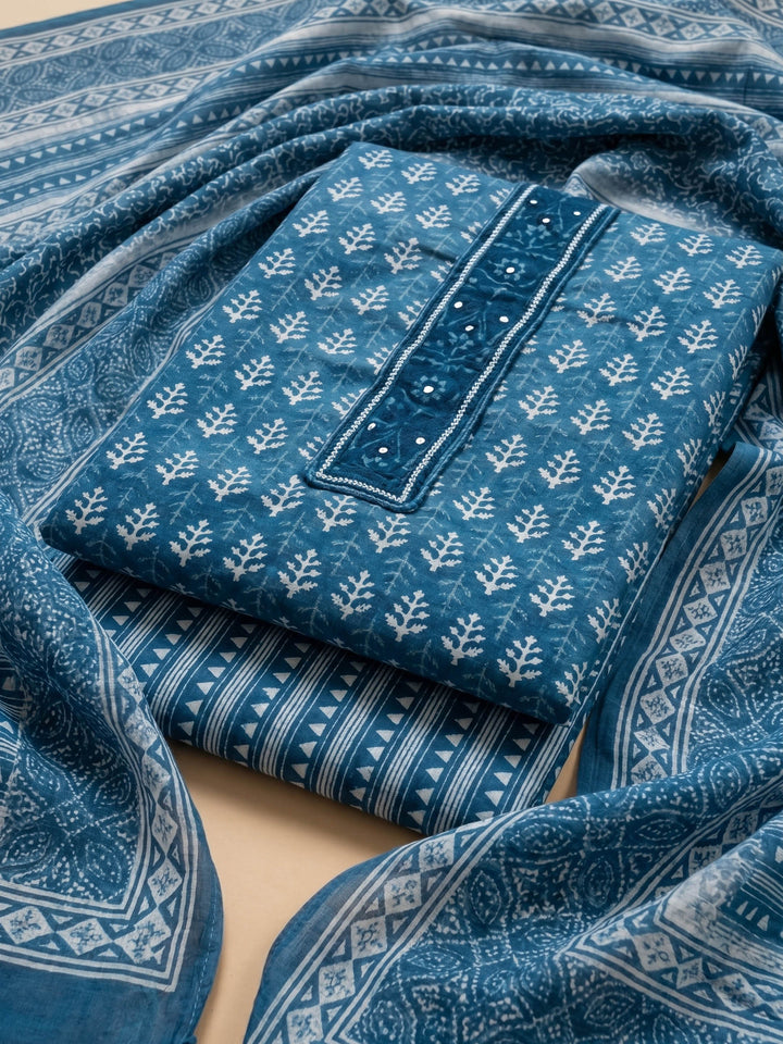 Blue Printed Cotton Blend Unstitched Suit &amp; Pant With Cotton Dupatta