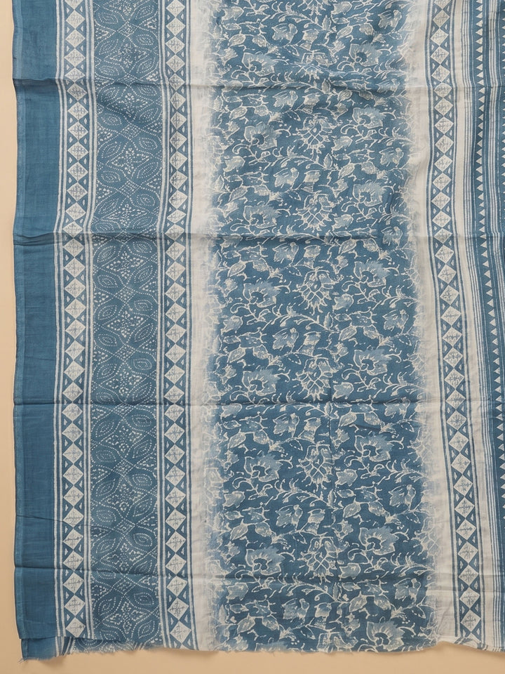 Blue Printed Cotton Blend Unstitched Suit &amp; Pant With Cotton Dupatta