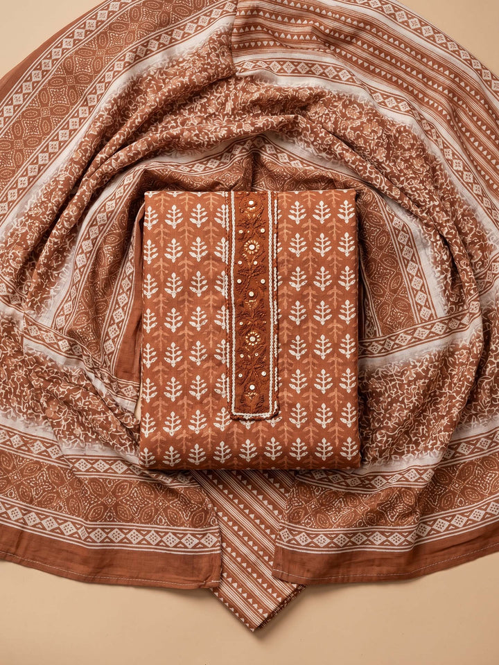 Brown Printed Cotton Blend Unstitched Suit &amp; Pant With Cotton Dupatta