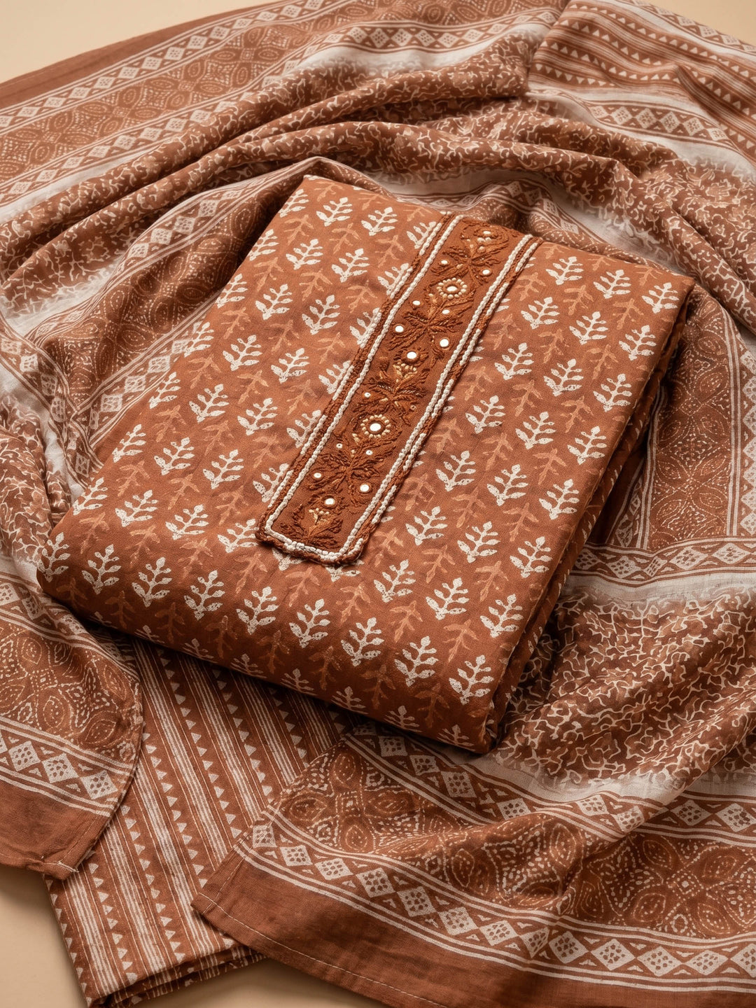 Brown Printed Cotton Blend Unstitched Suit &amp; Pant With Cotton Dupatta