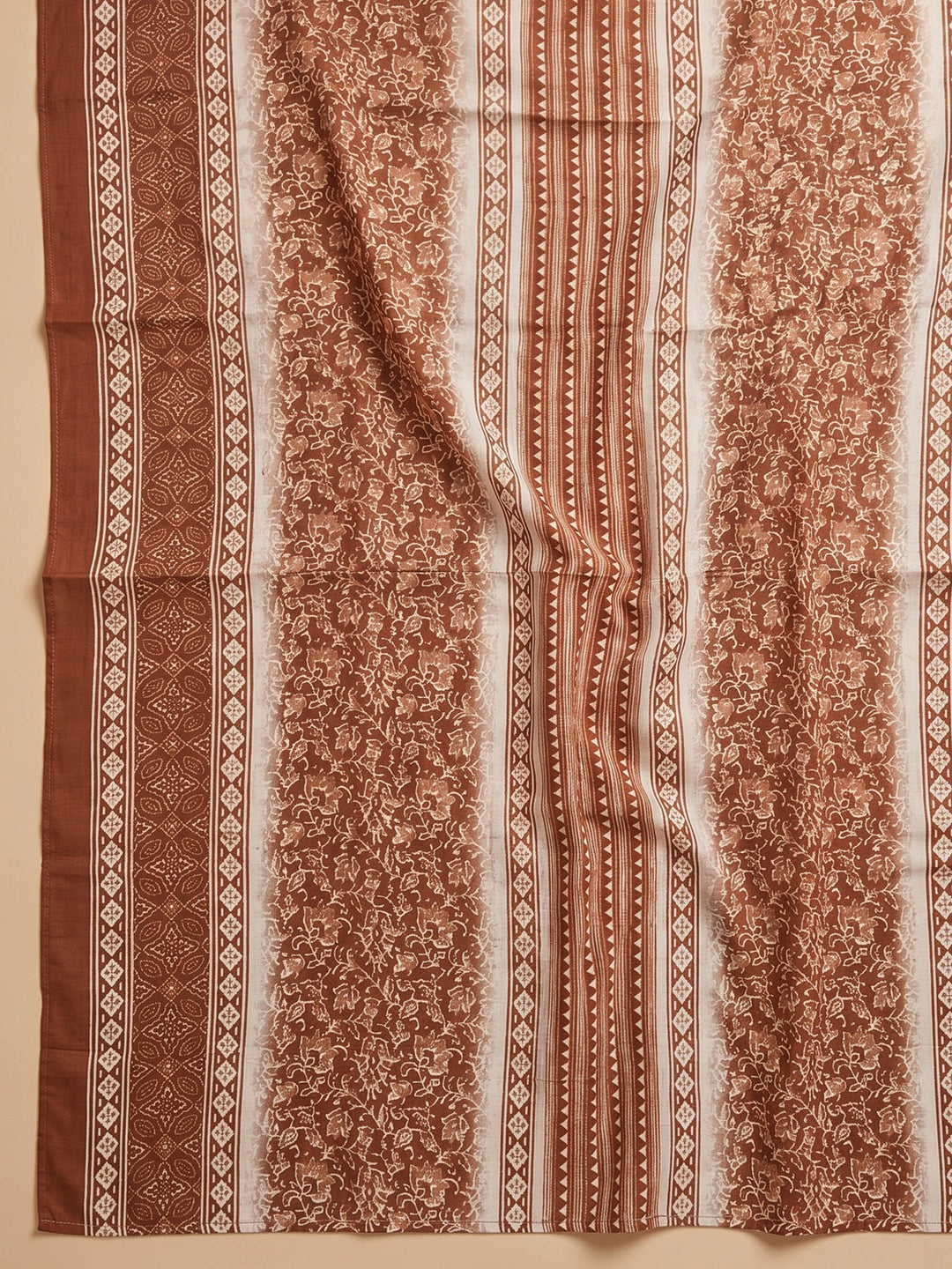 Brown Printed Cotton Blend Unstitched Suit &amp; Pant With Cotton Dupatta
