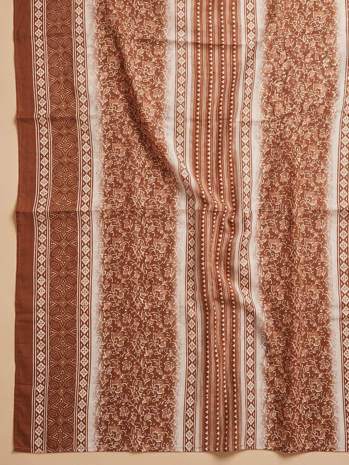 Brown Printed Cotton Blend Unstitched Suit &amp; Pant With Cotton Dupatta
