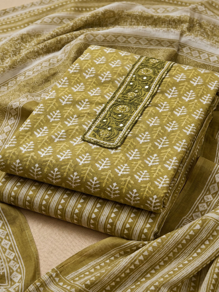 Mehndi Printed Cotton Blend Unstitched Suit &amp; Pant With Cotton Dupatta