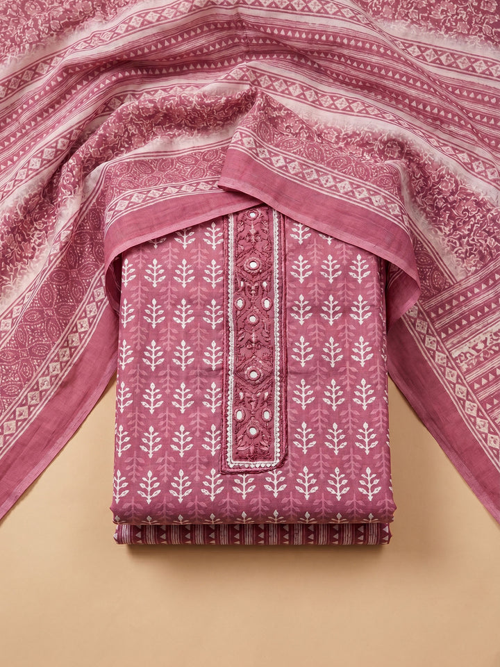 Pink Printed Cotton Blend Unstitched Suit &amp; Pant With Cotton Dupatta