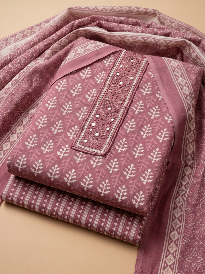 Pink Printed Cotton Blend Unstitched Suit &amp; Pant With Cotton Dupatta
