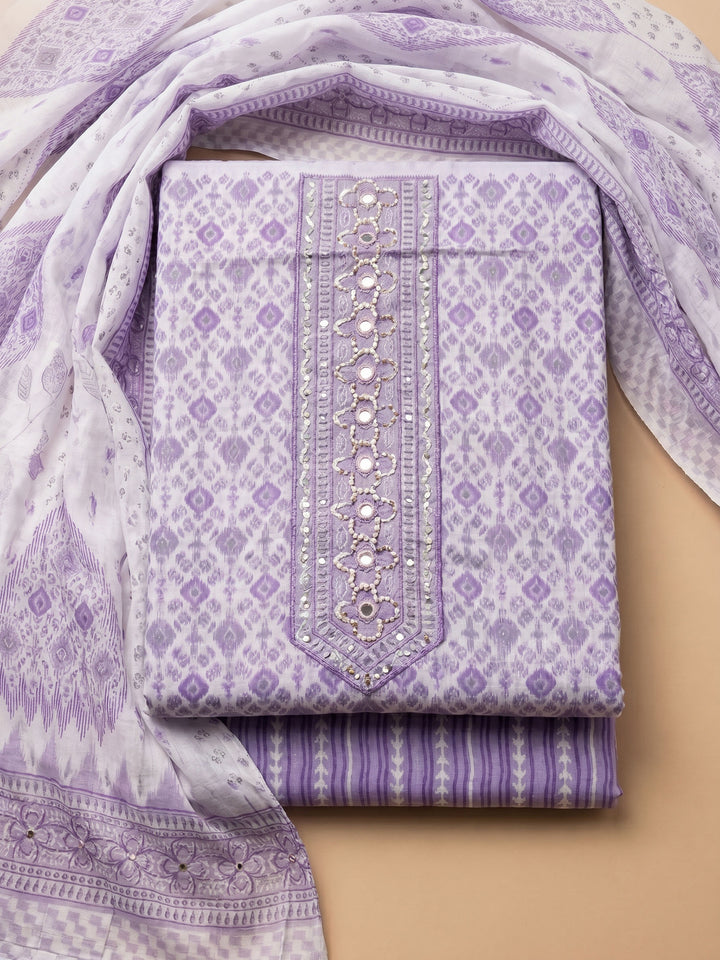 Lavender Printed Cotton Blend Unstitched Suit &amp; Pant With Cotton Dupatta