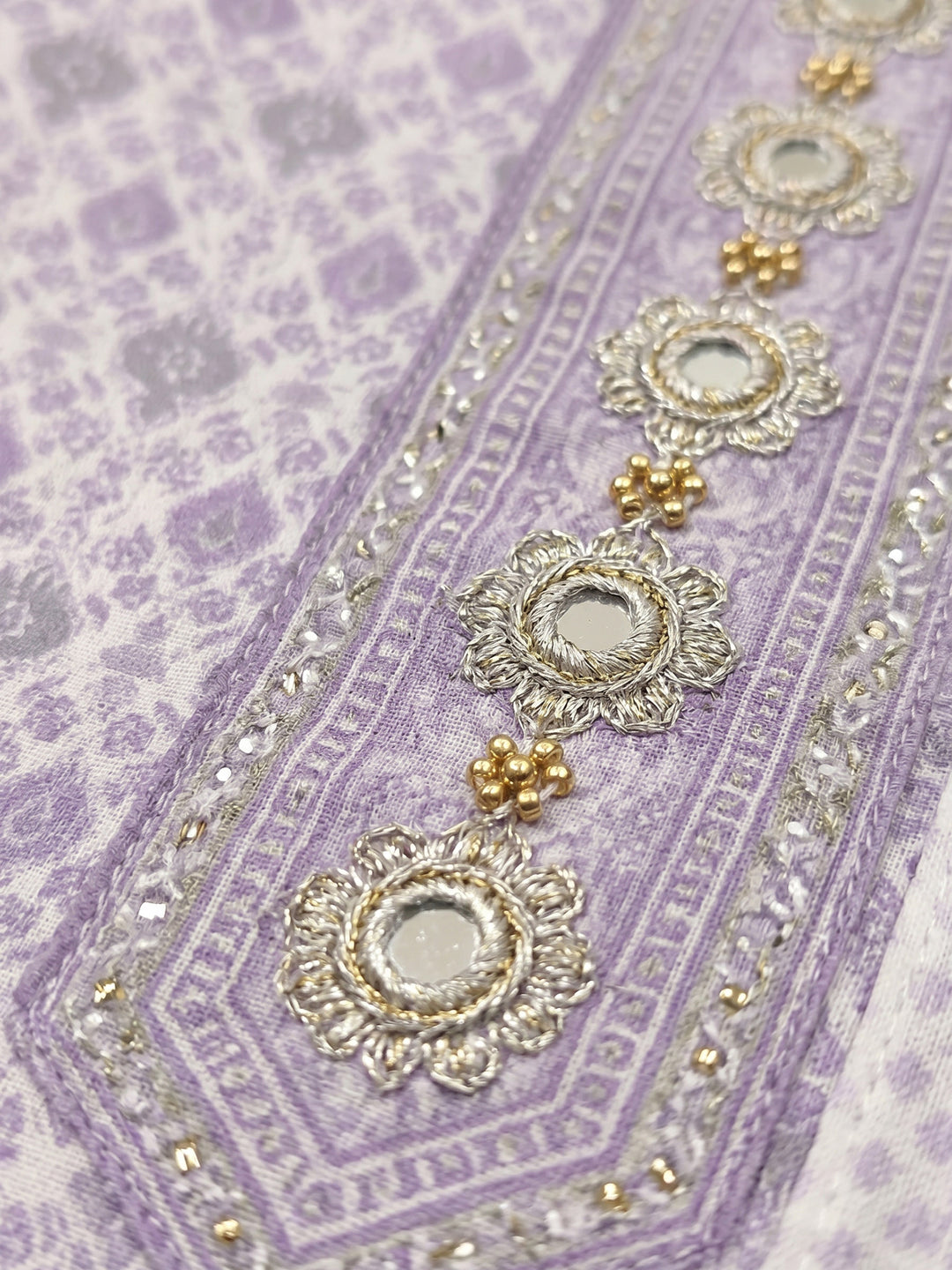 Lavender Printed Cotton Blend Unstitched Suit &amp; Pant With Cotton Dupatta