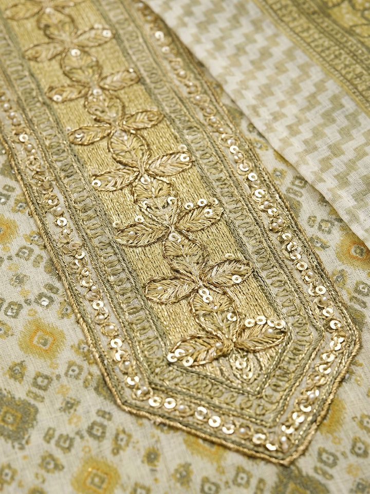 Mehndi Printed Cotton Blend Unstitched Suit &amp; Pant With Cotton Dupatta