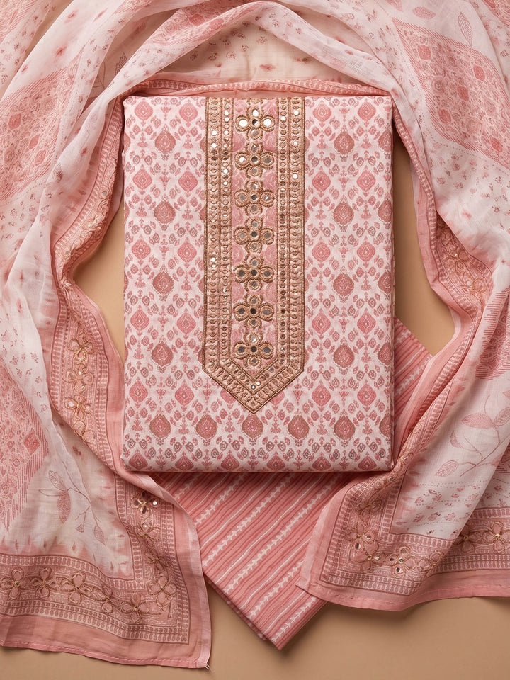 Peach Printed Cotton Blend Unstitched Suit &amp; Pant With Cotton Dupatta