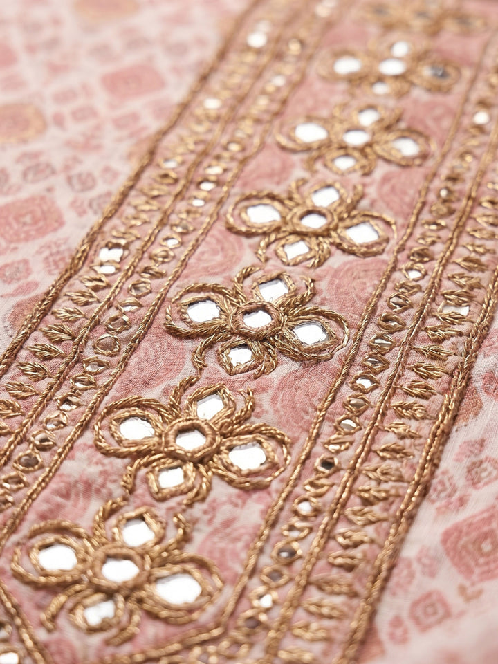 Peach Printed Cotton Blend Unstitched Suit &amp; Pant With Cotton Dupatta