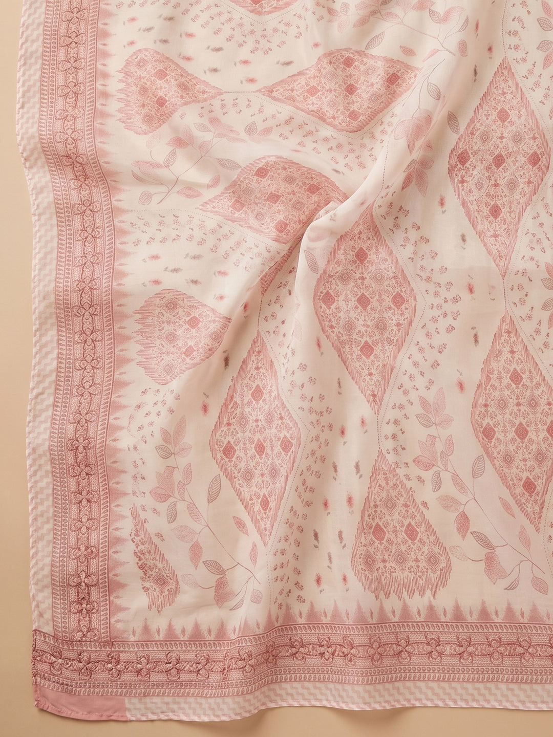 Peach Printed Cotton Blend Unstitched Suit &amp; Pant With Cotton Dupatta