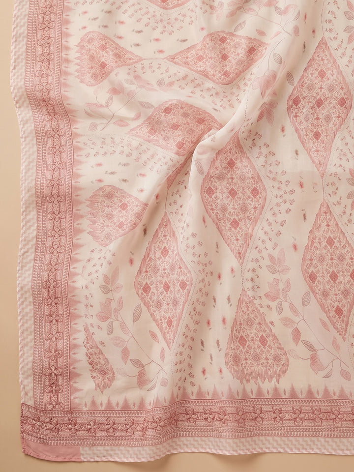 Peach Printed Cotton Blend Unstitched Suit &amp; Pant With Cotton Dupatta