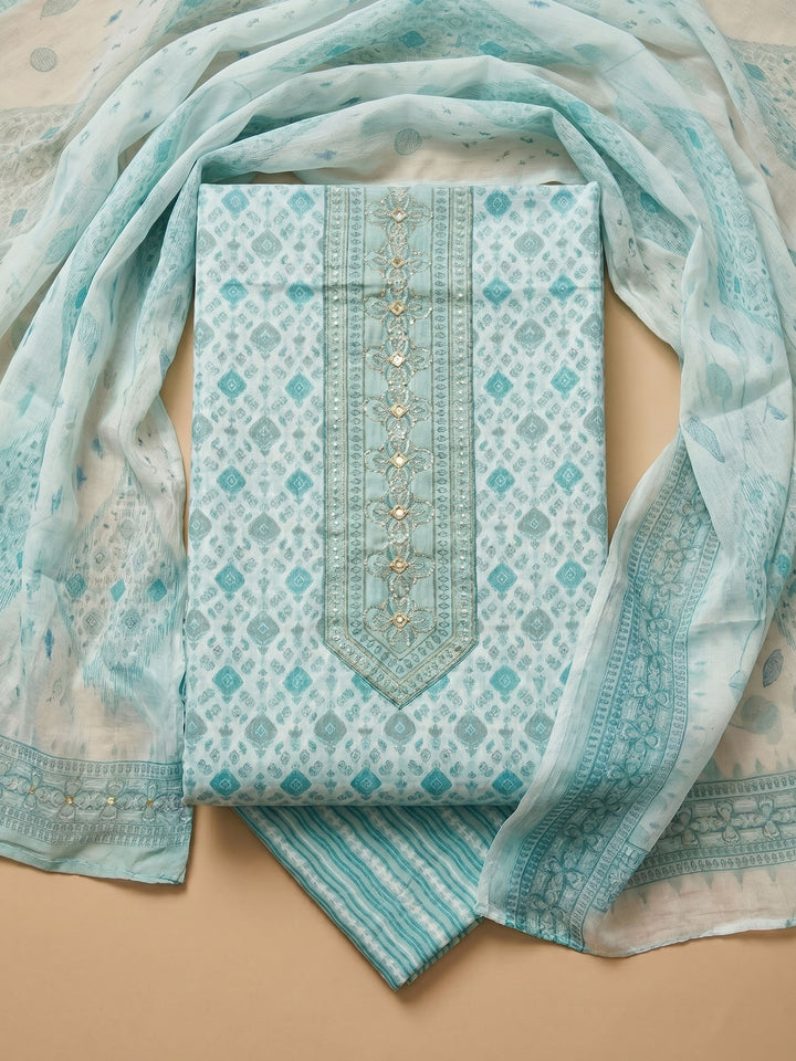 Sea Green Printed Cotton Blend Unstitched Suit &amp; Pant With Cotton Dupatta
