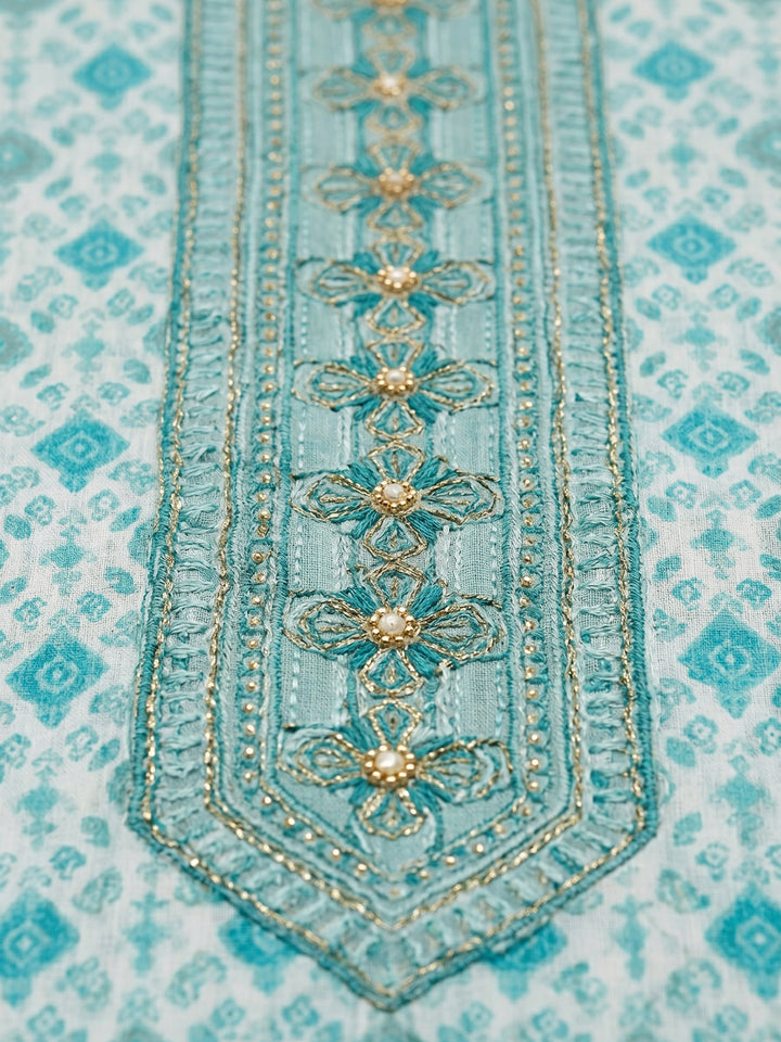 Sea Green Printed Cotton Blend Unstitched Suit &amp; Pant With Cotton Dupatta
