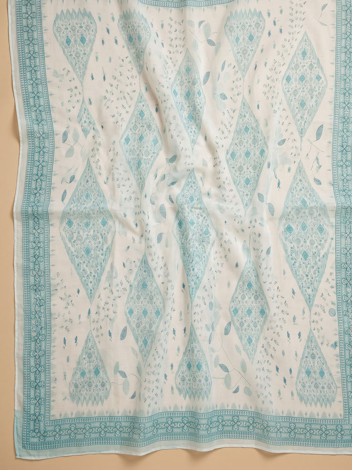Sea Green Printed Cotton Blend Unstitched Suit &amp; Pant With Cotton Dupatta