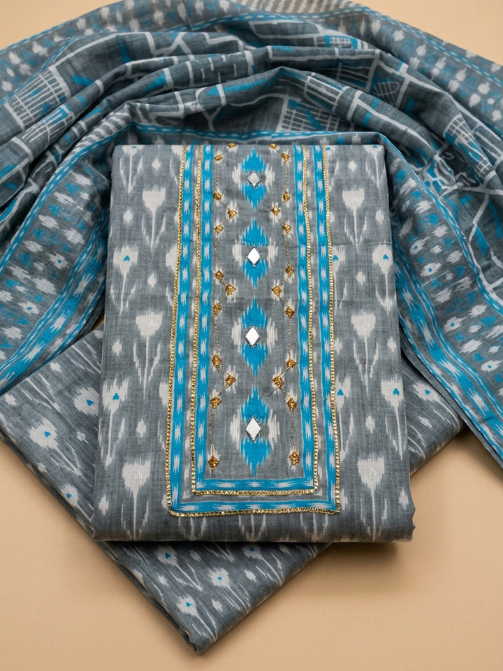 Grey Printed Cotton Blend Unstitched Dress Material