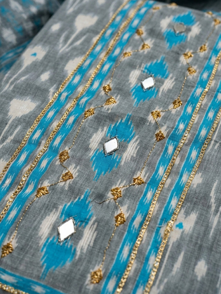Grey Printed Cotton Blend Unstitched Dress Material