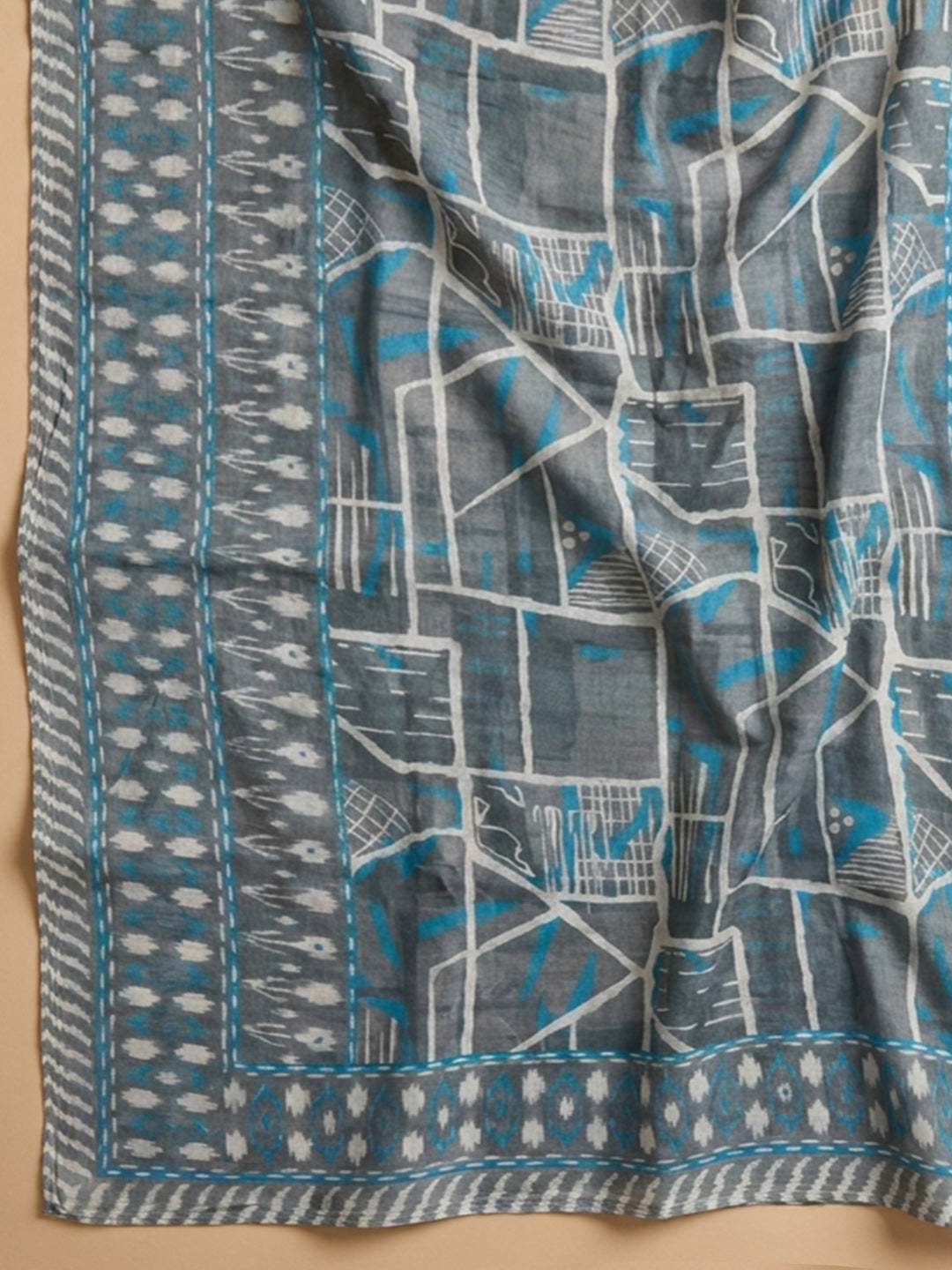 Grey Printed Cotton Blend Unstitched Dress Material