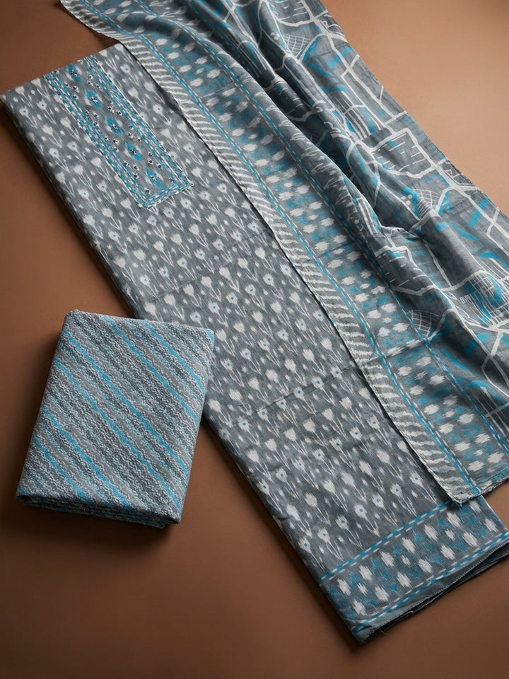 Grey Printed Cotton Blend Unstitched Dress Material
