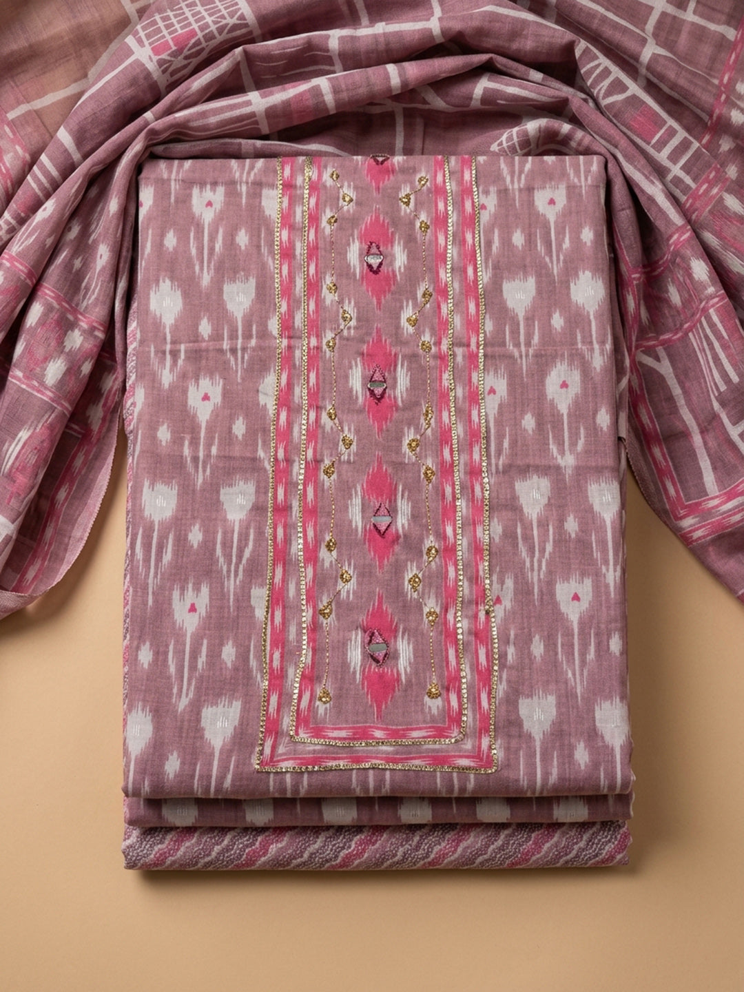Onion Pink Printed Cotton Blend Unstitched Dress Material