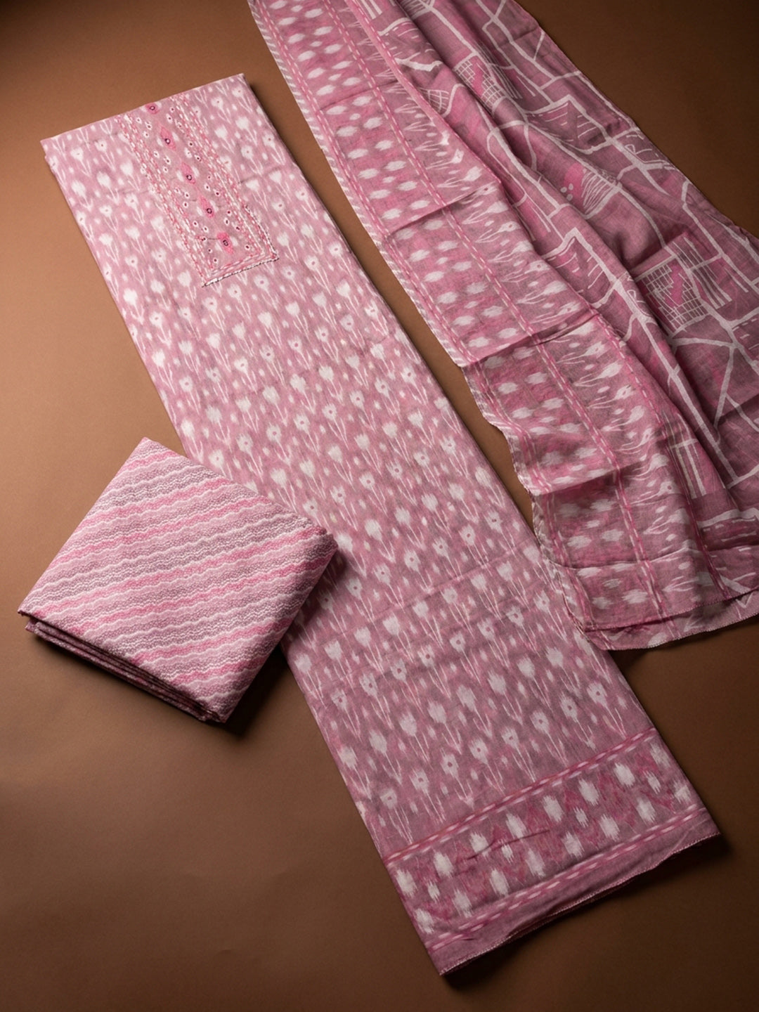 Onion Pink Printed Cotton Blend Unstitched Dress Material