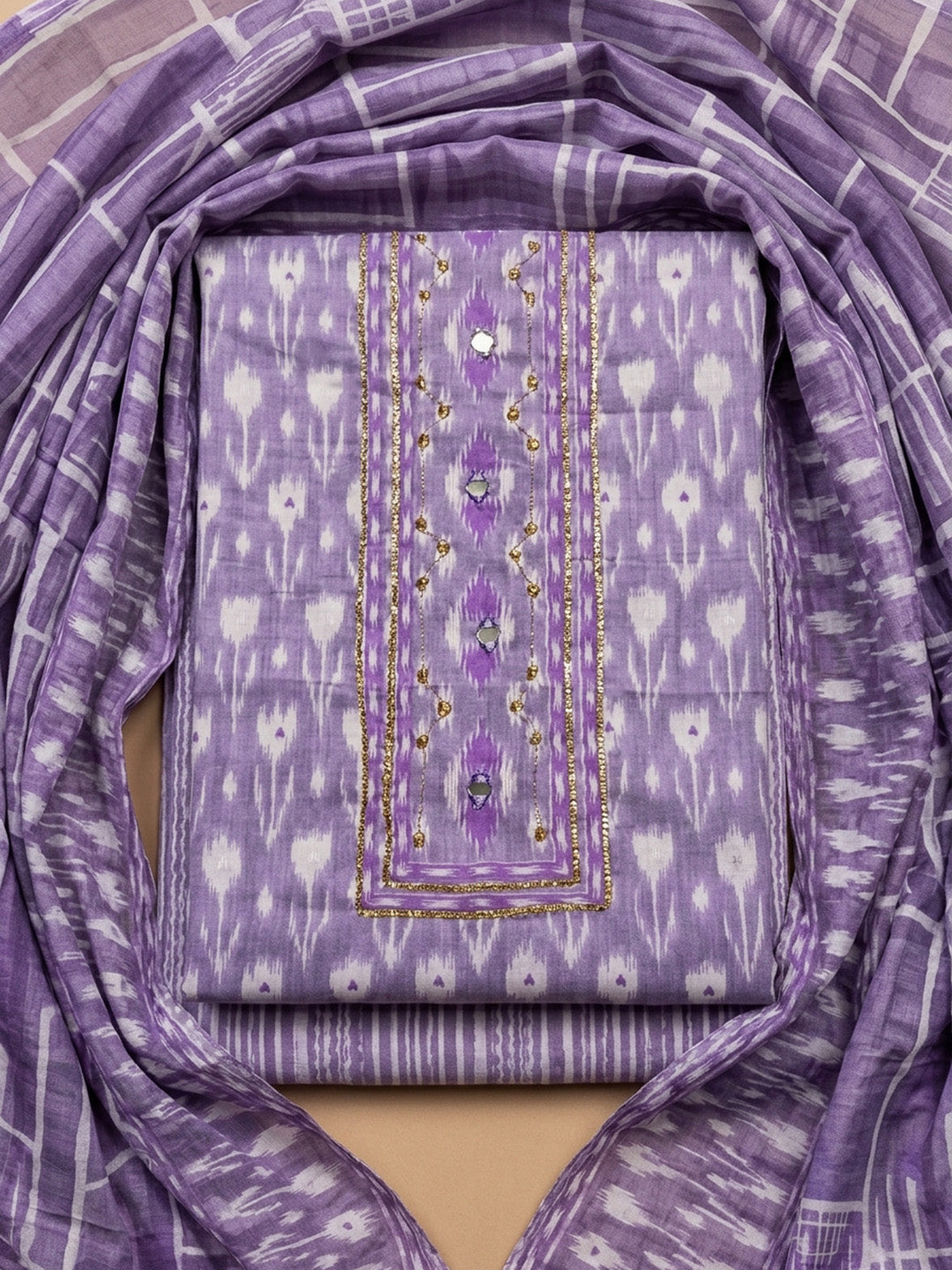 Purple Printed Cotton Blend Unstitched Dress Material